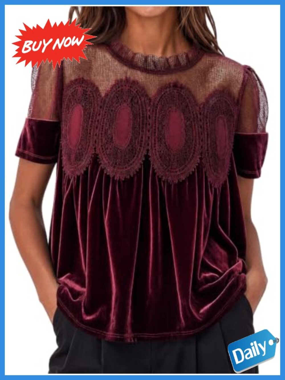 Velvet Lace Babydoll Top Puff Short Sleeve Peplum Blouse